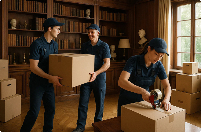 Team von Firstplace Immobilien räumt und verpackt Umzugskartons in einer Wohnung, um die Immobilie professionell auf den Verkauf vorzubereiten.