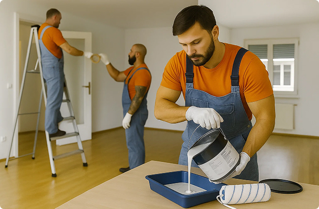 Handwerker streichen und renovieren eine Wohnung – frische Farbe und Schönheitsreparaturen lassen die Immobilie in neuem Glanz erstrahlen.