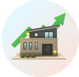 Modernes Haus mit grünem Aufwärtspfeil – Symbol für die Aufwertung und Wertsteigerung einer Immobilie vor dem Verkauf durch Firstplace Immobilien.