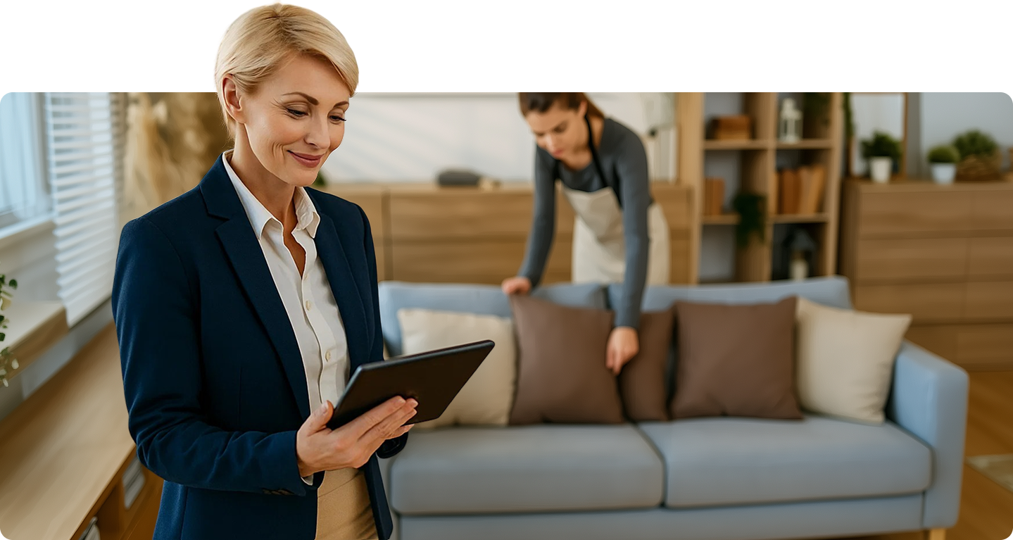 Maklerin mit Tablet plant die Vorbereitung eines Immobilienverkaufs, während im Hintergrund eine Mitarbeiterin das Wohnzimmer für Home Staging vorbereitet – professionelle Präsentation für den besten Verkaufspreis.
