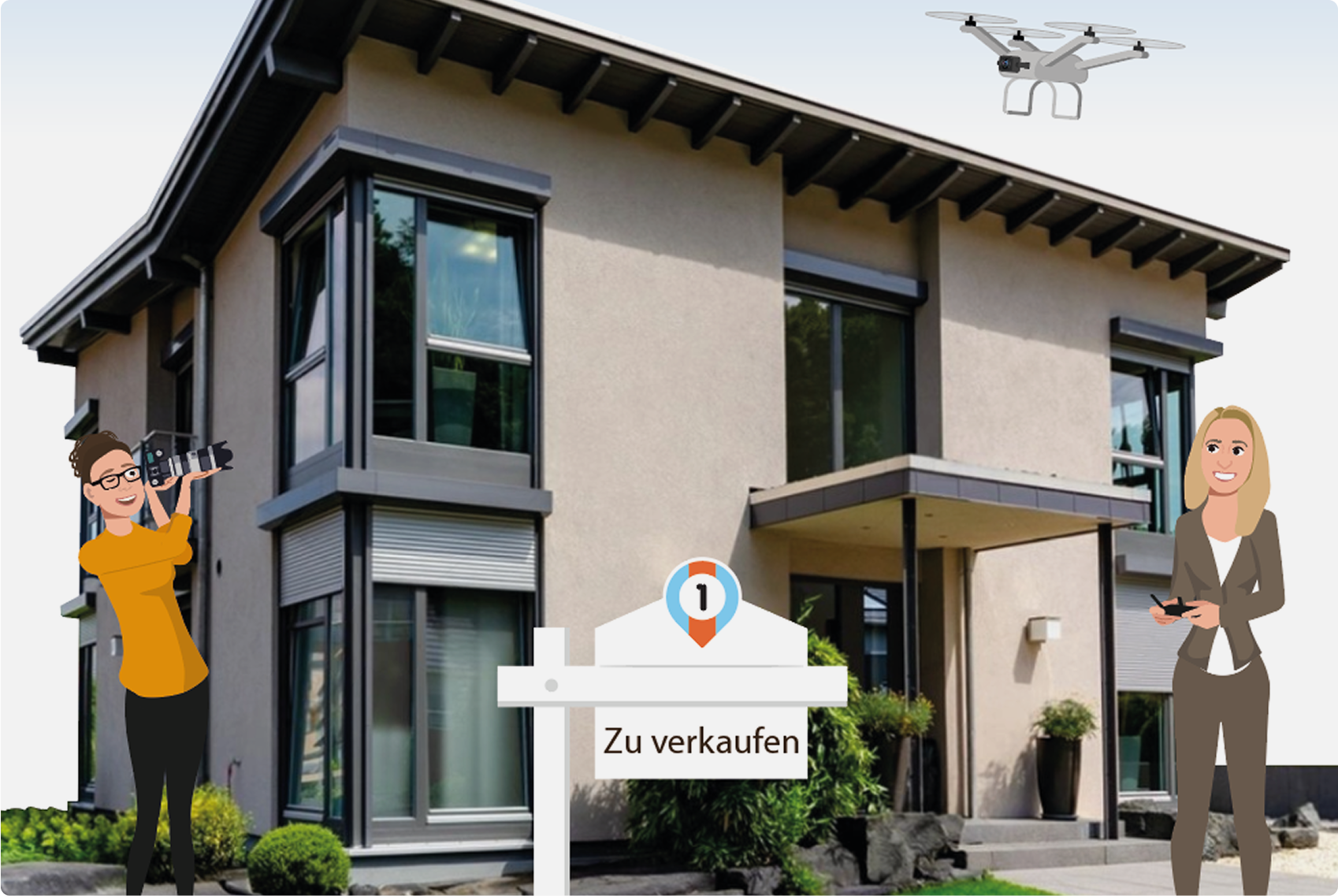 Maklerin und Fotograf erstellen mit Kamera und Drohne professionelle Aufnahmen eines modernen Hauses mit „Zu verkaufen“-Schild von Firstplace Immobilien in München.