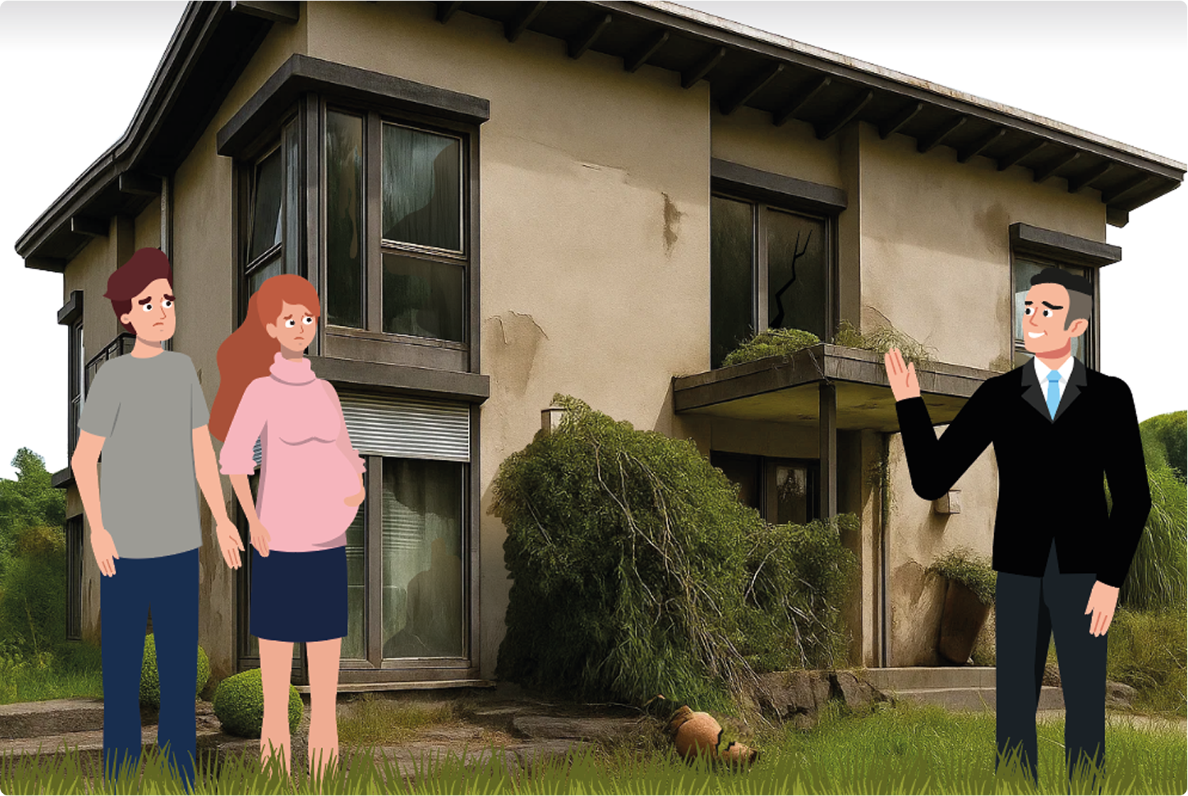 Paar steht nachdenklich vor einem älteren, verwitterten Haus; Immobilienmakler erklärt, warum ungepflegte Immobilien Kaufinteressenten abschrecken können.