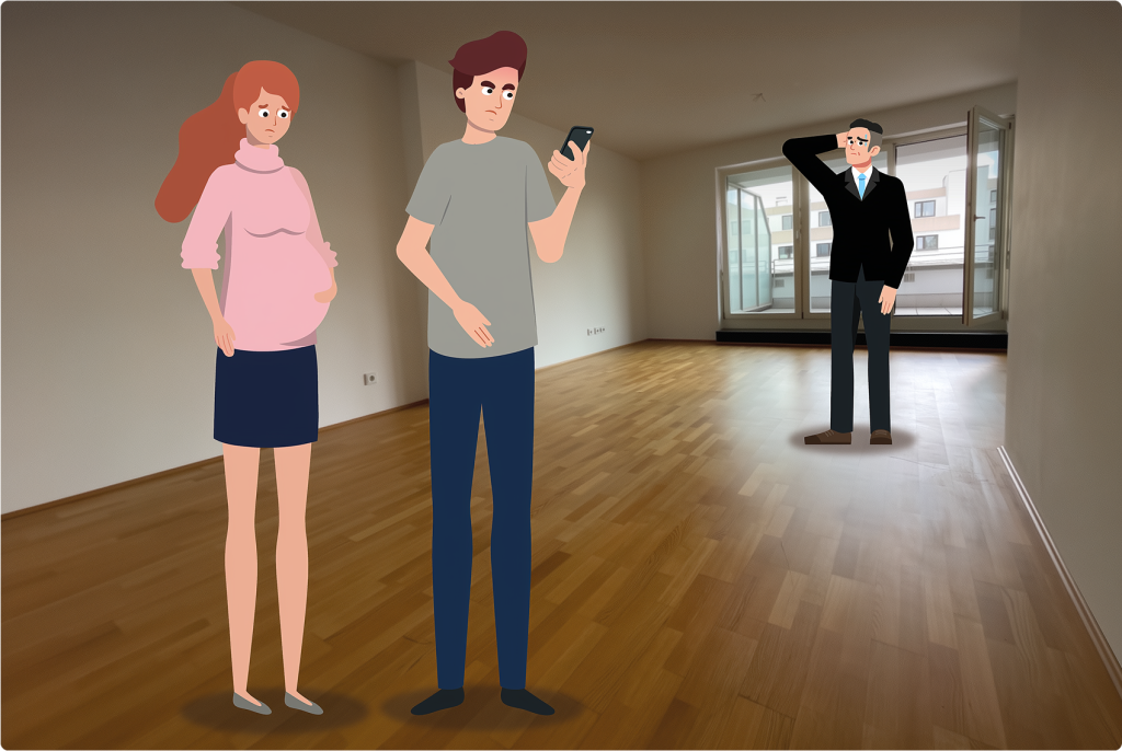 Paar und Makler stehen in einer leeren Wohnung; die kahlen Räume wirken ungemütlich und zeigen, dass selbst gute Fotos ohne Einrichtung wenig überzeugen.