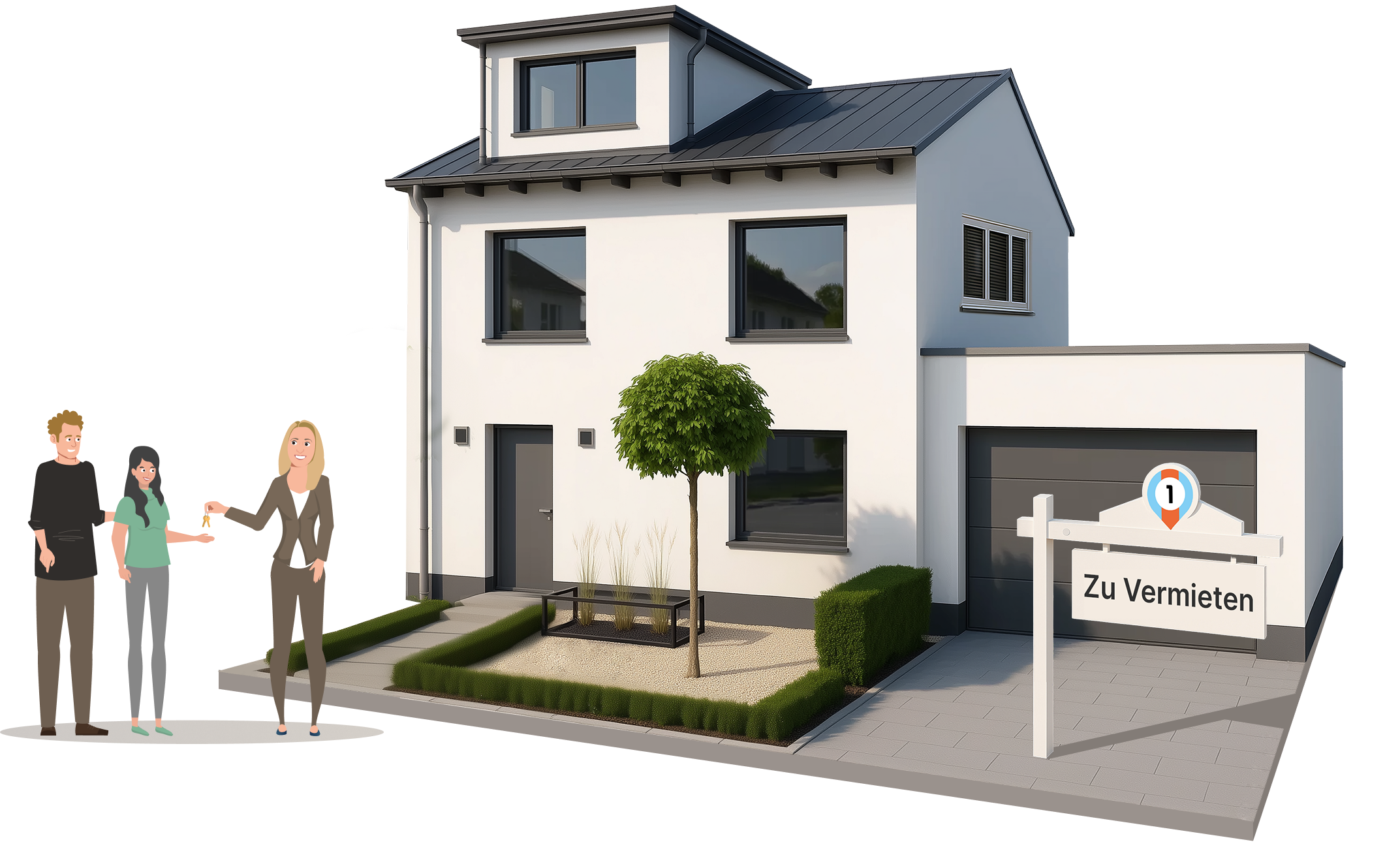Modernes Einfamilienhaus mit „Zu vermieten“-Schild und Maklerin, die ein Paar begrüßt – Symbol für erfolgreiche Mietvermittlung durch Firstplace Immobilien in München und Umgebung.