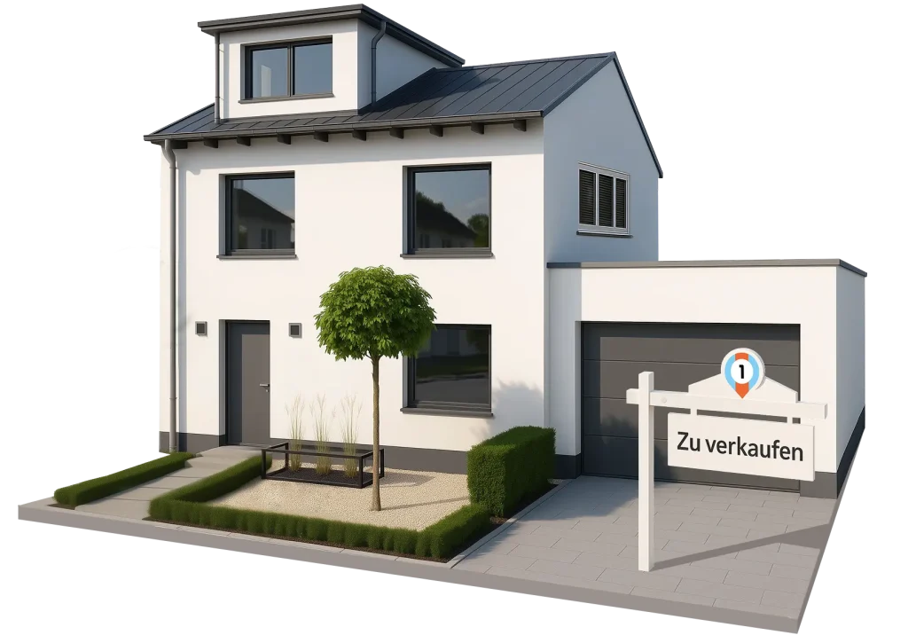 Modernes Einfamilienhaus mit Garten und „Zu verkaufen“-Schild von Firstplace Immobilien in München – Symbol für erfolgreichen Immobilienverkauf.