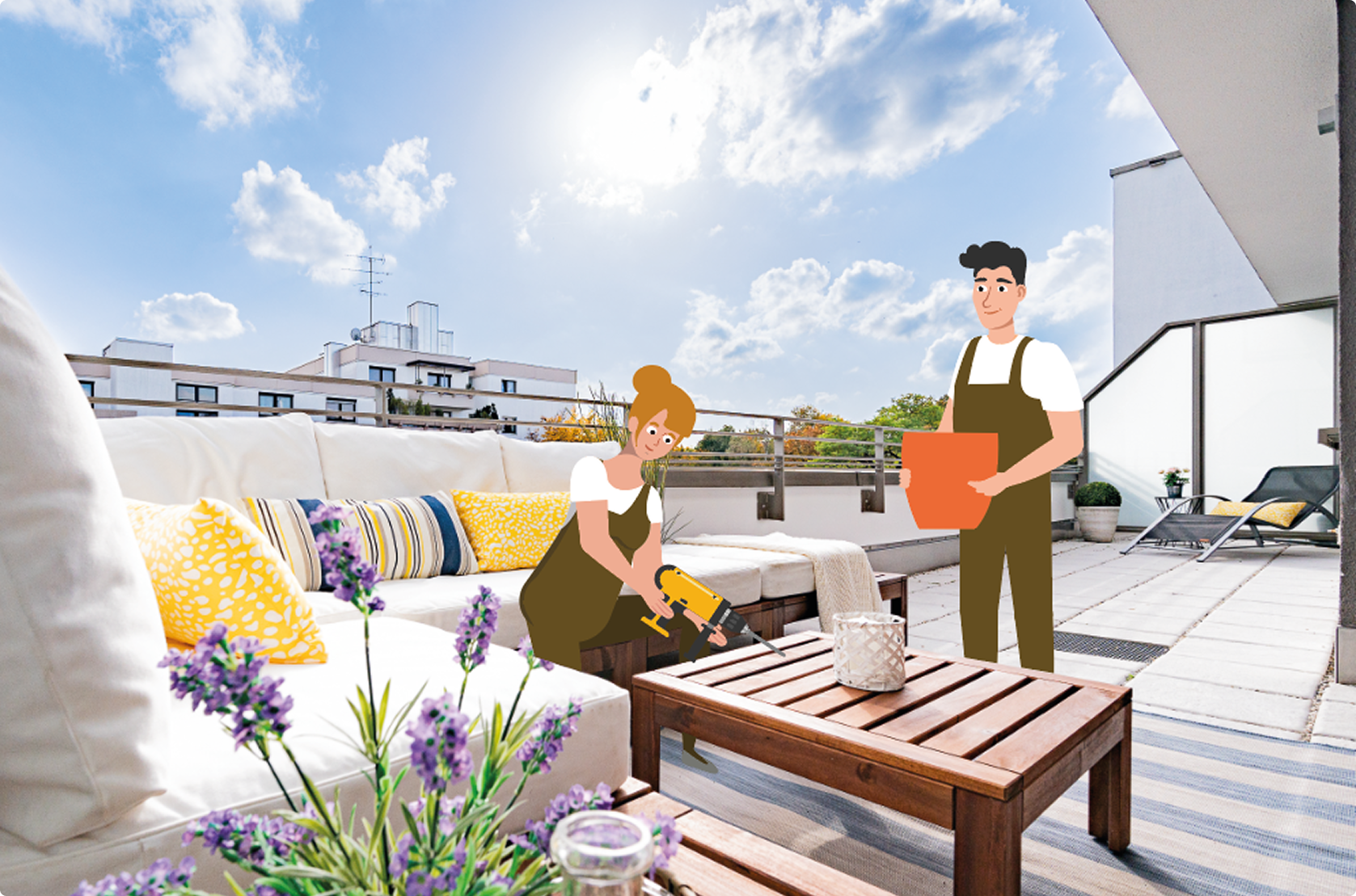 Sonnige Dachterrasse mit Möbeln und Pflanzen – Team von Firstplace Immobilien sorgt mit Reinigung und Renovierung dafür, dass die Immobilie wie neu aussieht.