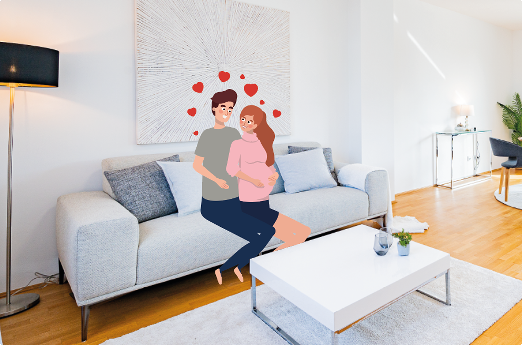 Modern eingerichtetes Wohnzimmer mit Home Staging – ein Paar bewundert das stilvolle Ambiente, das bei Käufern das „Hier will ich wohnen“-Gefühl erzeugt.