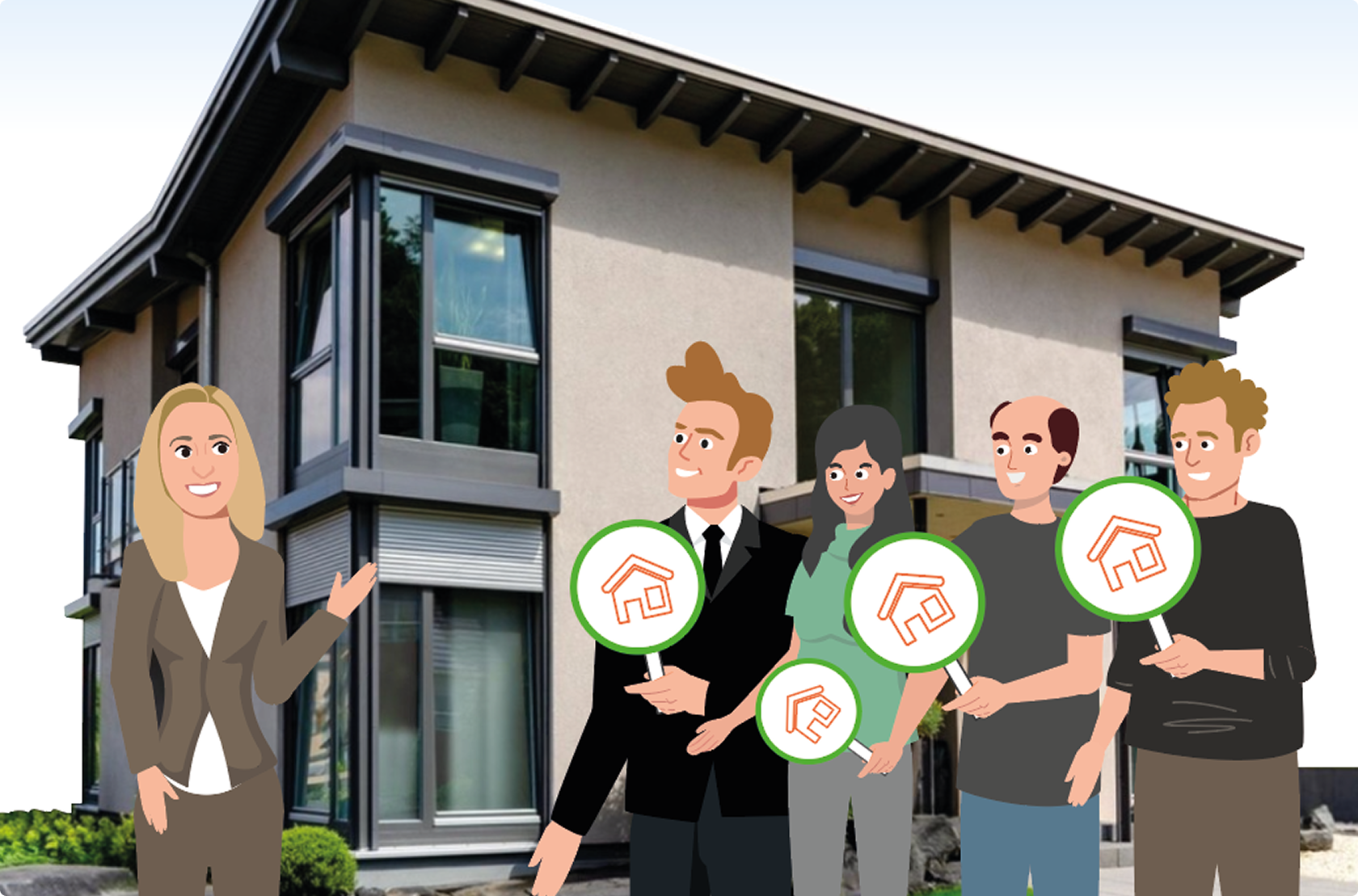 Immobilienberaterin von Firstplace präsentiert Hausinteressenten ein Objekt – begeisterte Käufer stehen Schlange für die Immobilie.