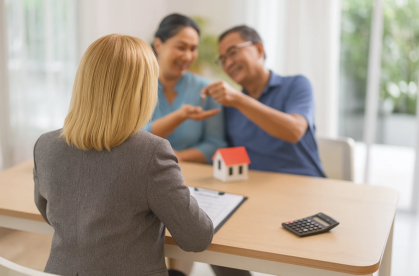 Maklerin im Gespräch mit einem lächelnden Paar am Schreibtisch, Symbol für die Bonitätsprüfung und Auswahl passender Mieter durch Firstplace Immobilien in München.