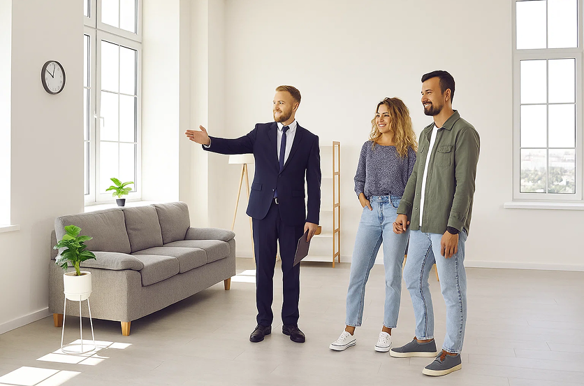 Makler zeigt einer jungen Familie eine Wohnung bei der Besichtigung – Wettbewerb um Mieter und erfolgreiche Vermietung durch Firstplace Immobilien.