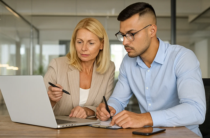 Maklerin berät ein Paar am Laptop zu Mietverträgen und Mieterhöhungen – professionelle Vermietungsberatung für Eigentümer in München.