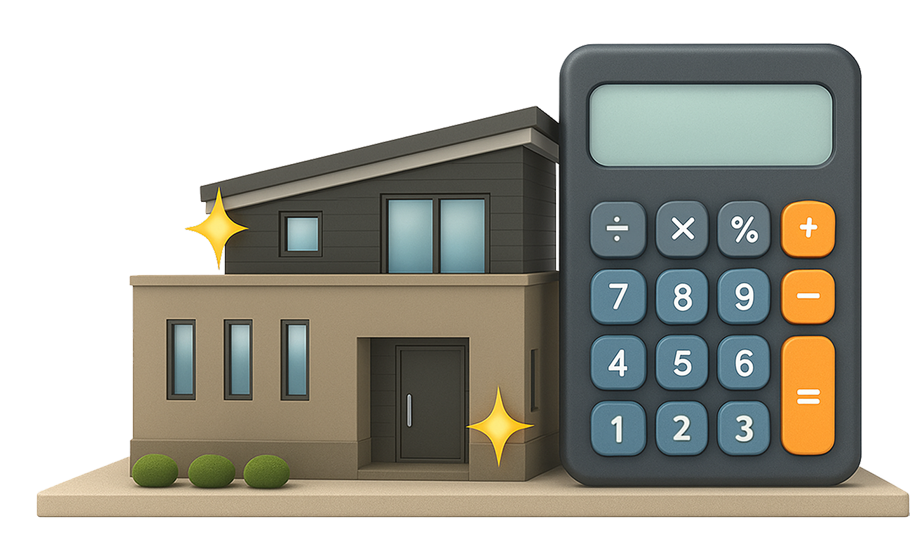 Illustration eines modernen Hauses neben einem Taschenrechner – Symbol für die Online-Immobilienbewertung von Firstplace Immobilien, mit der Eigentümer den Wert ihrer Immobilie in wenigen Minuten erfahren.