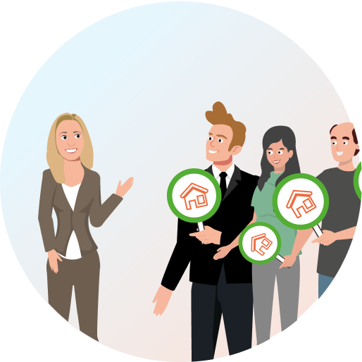 Maklerin präsentiert eine Immobilie mehreren Interessenten – Symbol für erfolgreiche Besichtigungen und Vermarktung durch Firstplace Immobilien.